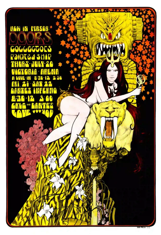 The Doors 1967 Vancouver, Canada Dante's Inferno Concert Poster featuring black, white, and yellow vertical artwork.