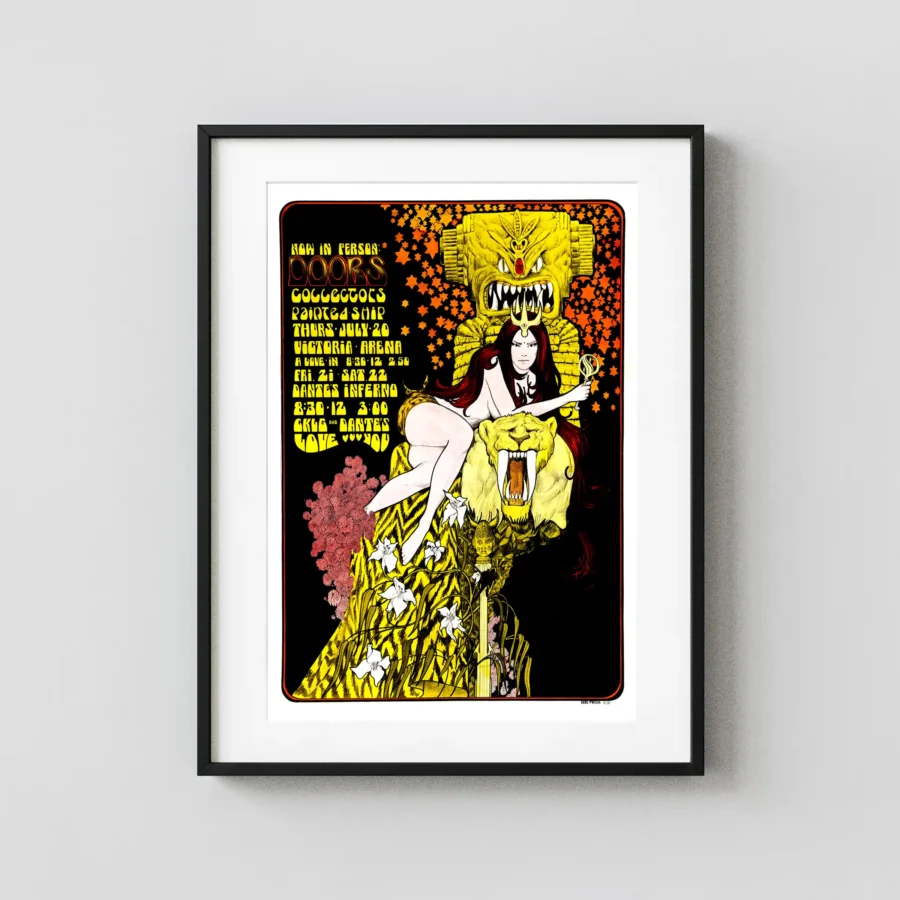 The Doors 1967 Vancouver, Canada Dante's Inferno Concert Poster featuring black, white, and yellow vertical artwork.