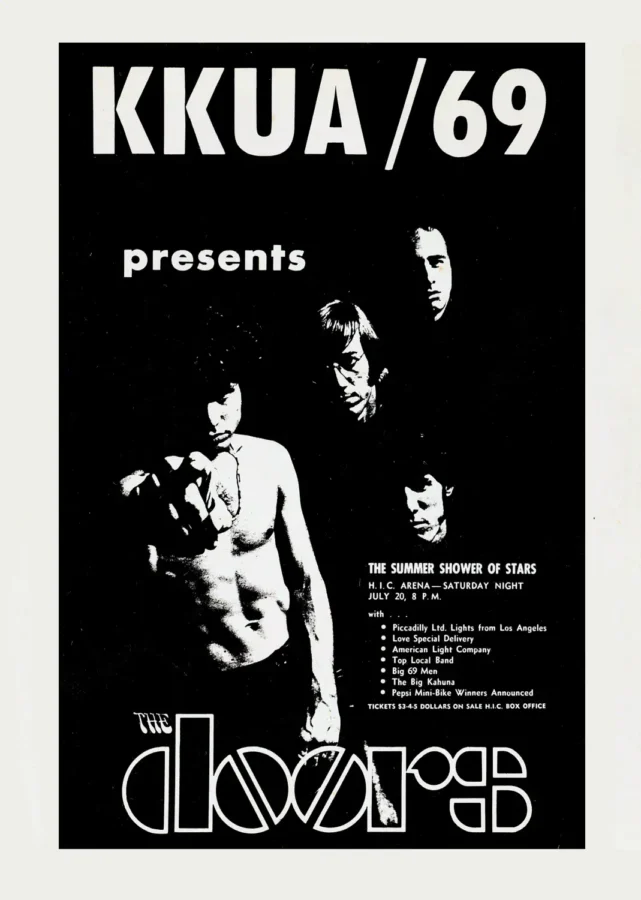 The Doors 1968 Honolulu, Hawaii Concert Poster featuring black, white, and slate gray vertical artwork.