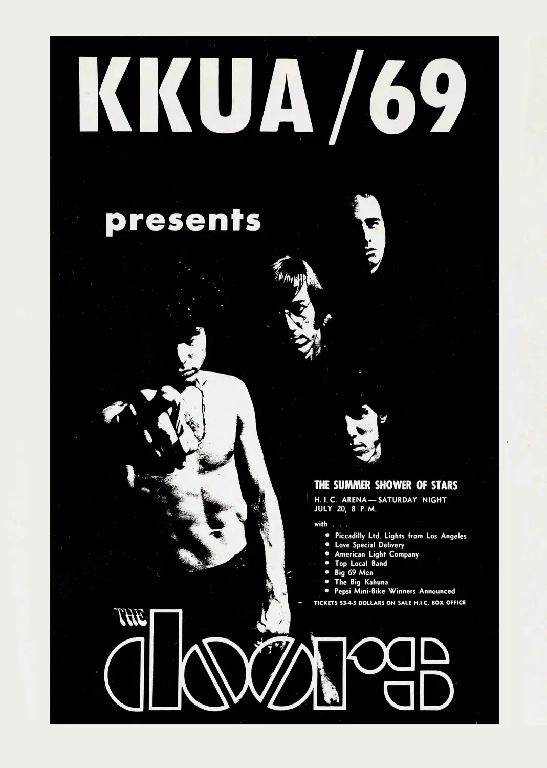 The Doors 1968 Honolulu, Hawaii Concert Poster featuring black, white, and slate gray vertical artwork.