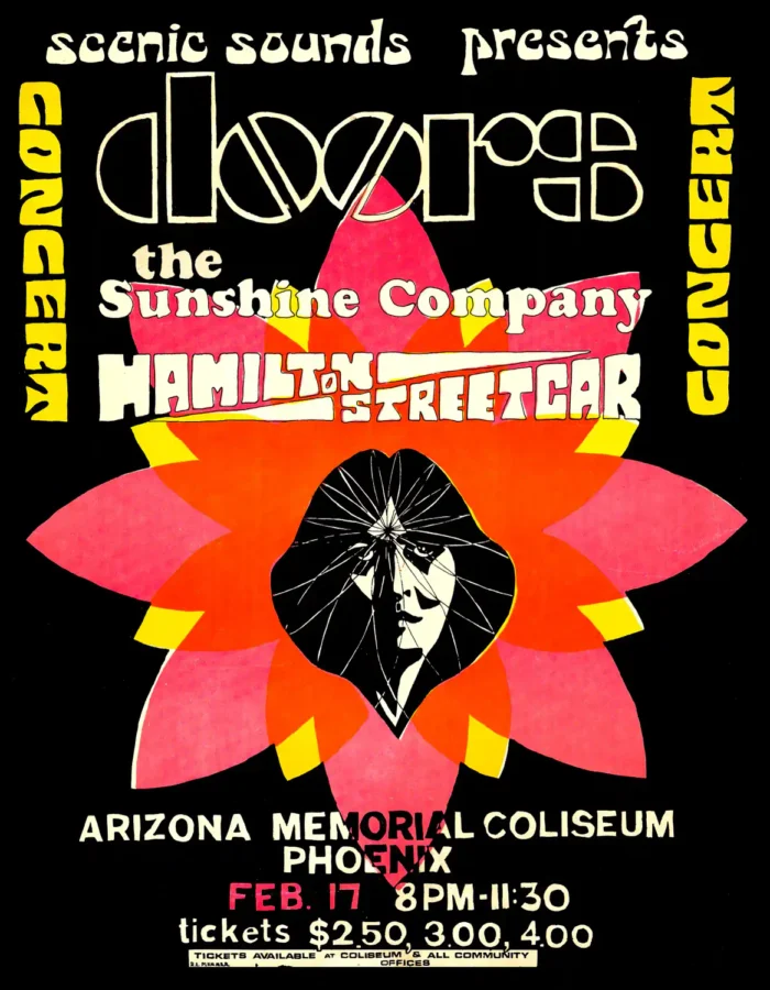 The Doors 1968 Phoenix, AZ Memorial Coliseum Concert Poster featuring black, orange, and white vertical artwork.