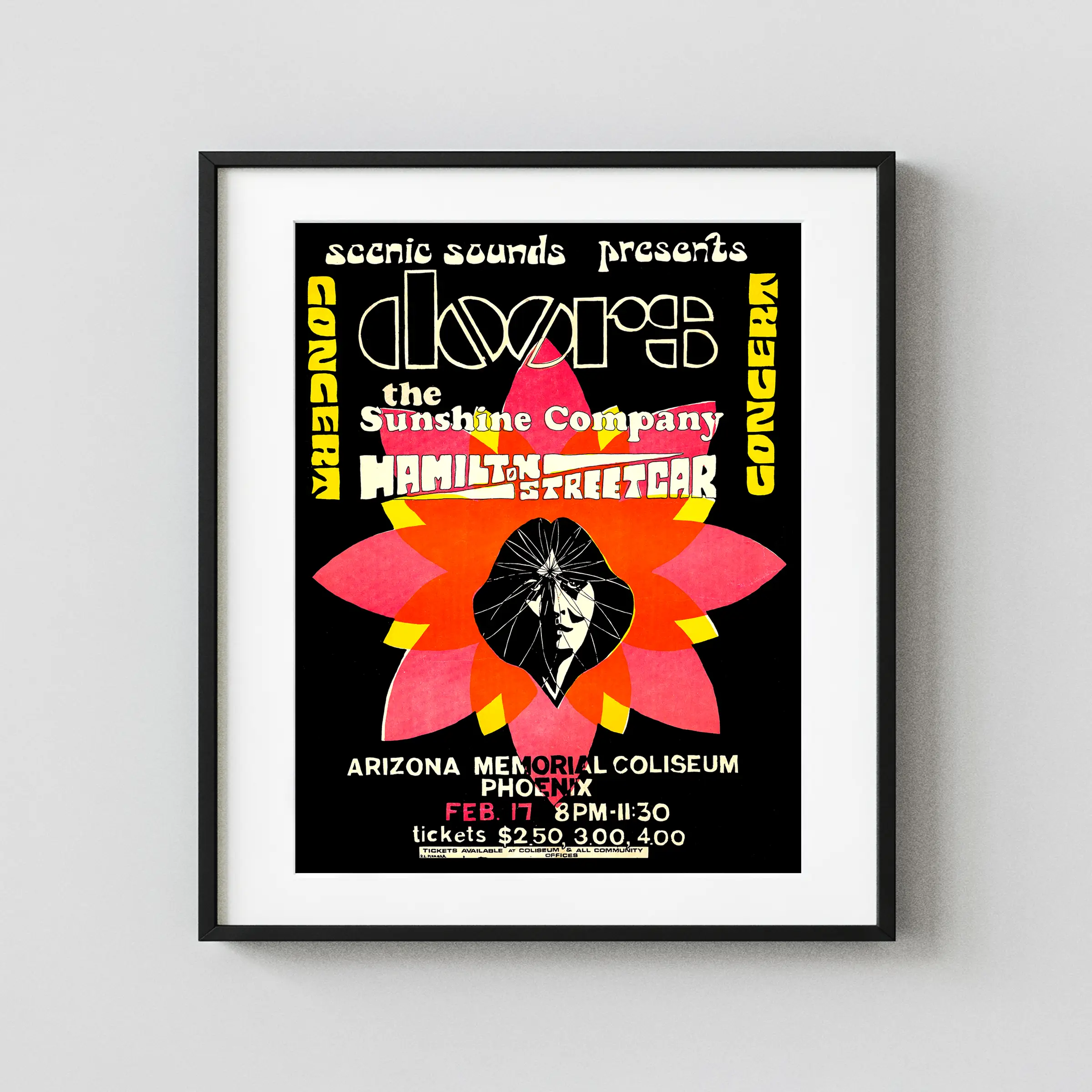 The Doors 1968 Phoenix, AZ Memorial Coliseum Concert Poster featuring black, orange, and white vertical artwork.