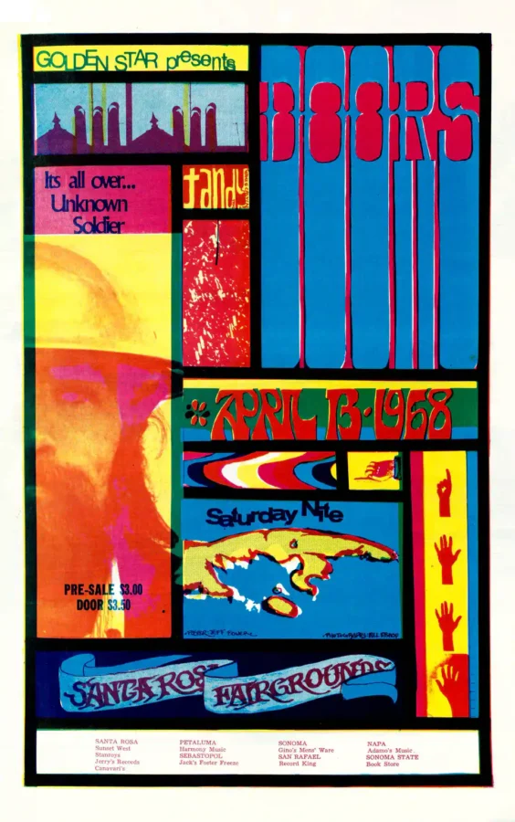 The Doors 1968 Santa Rosa Fairgrounds Colorful Concert Poster featuring white, blue, and black vertical artwork.