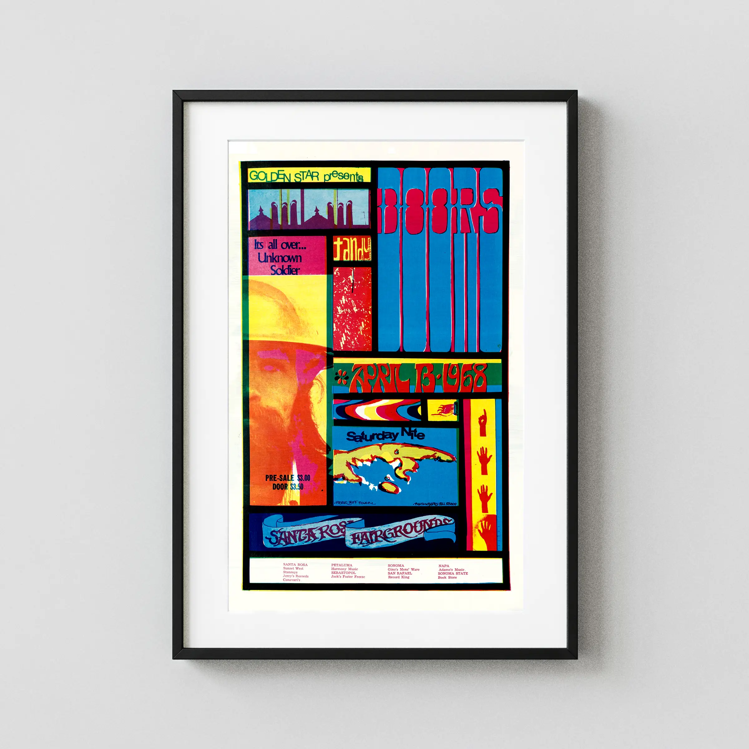 The Doors 1968 Santa Rosa Fairgrounds Colorful Concert Poster featuring white, blue, and black vertical artwork.