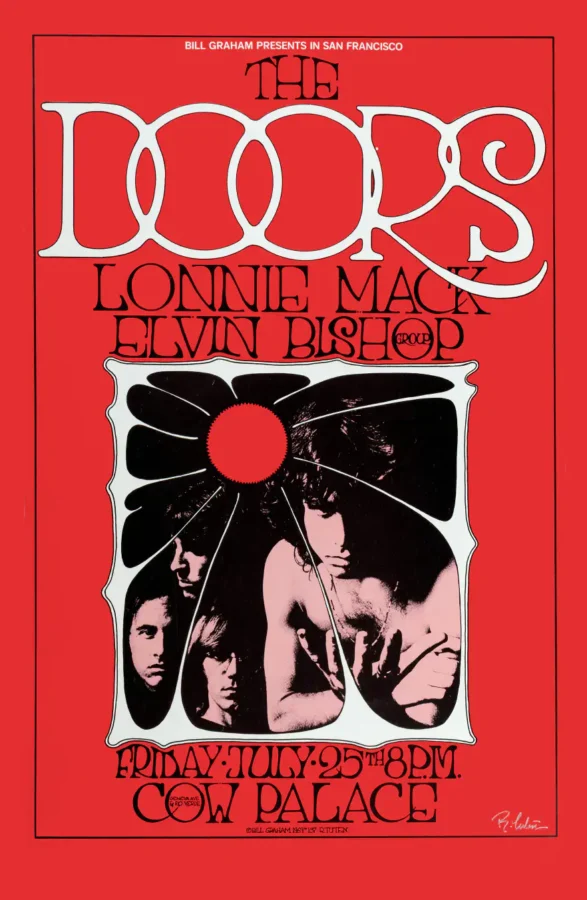 The Doors 1969 San Francisco Cow Palace Concert Poster featuring red, black, and rose vertical artwork.