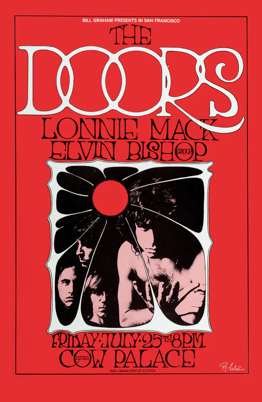 The Doors 1969 San Francisco Cow Palace Concert Poster featuring red, black, and rose vertical artwork.