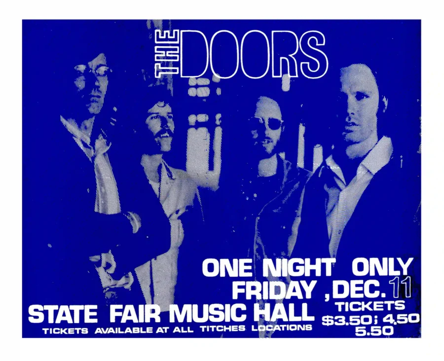 The Doors 1970 Dallas, TX Concert Poster featuring white, blue, and black vertical artwork.
