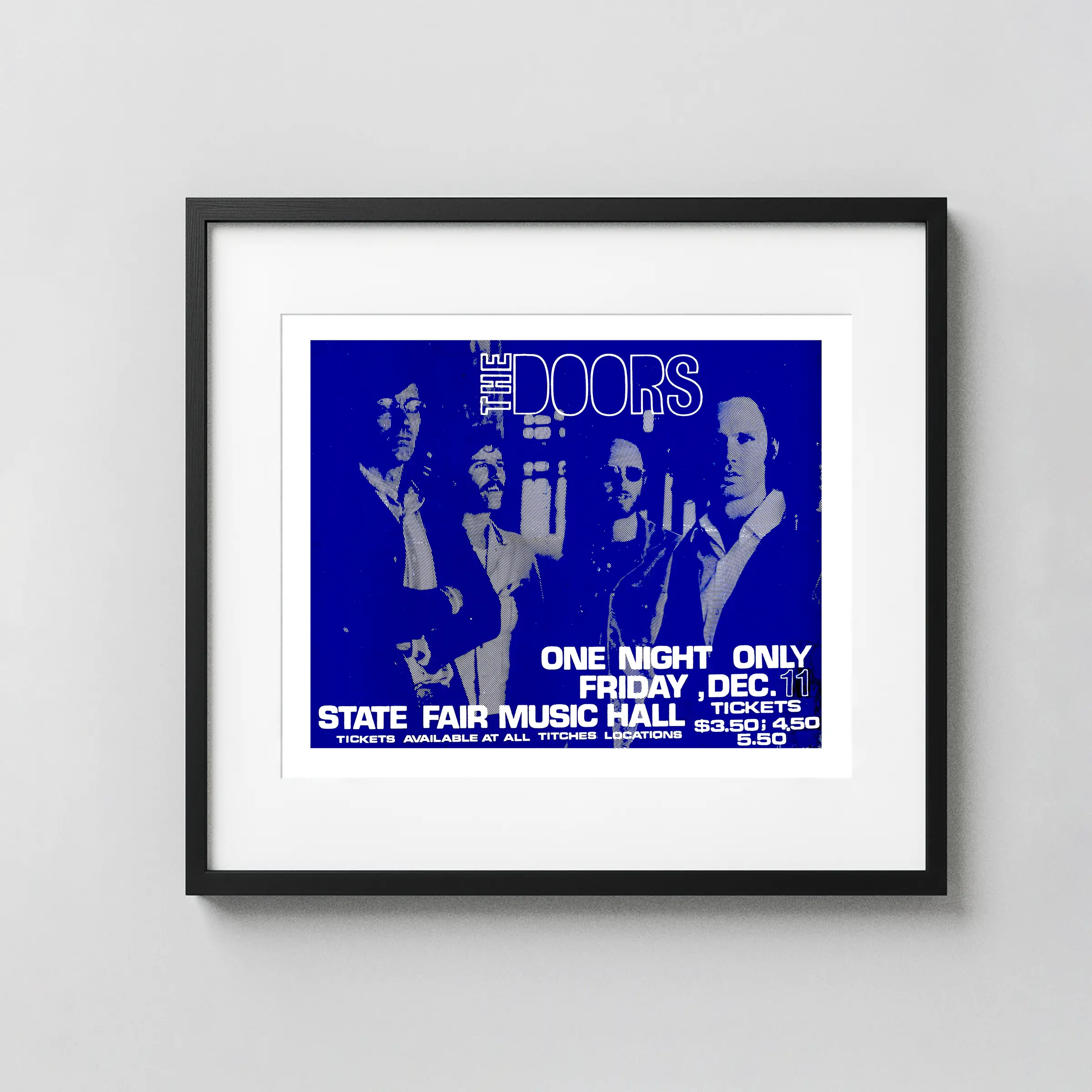 The Doors 1970 Dallas, TX Concert Poster featuring white, blue, and black vertical artwork.