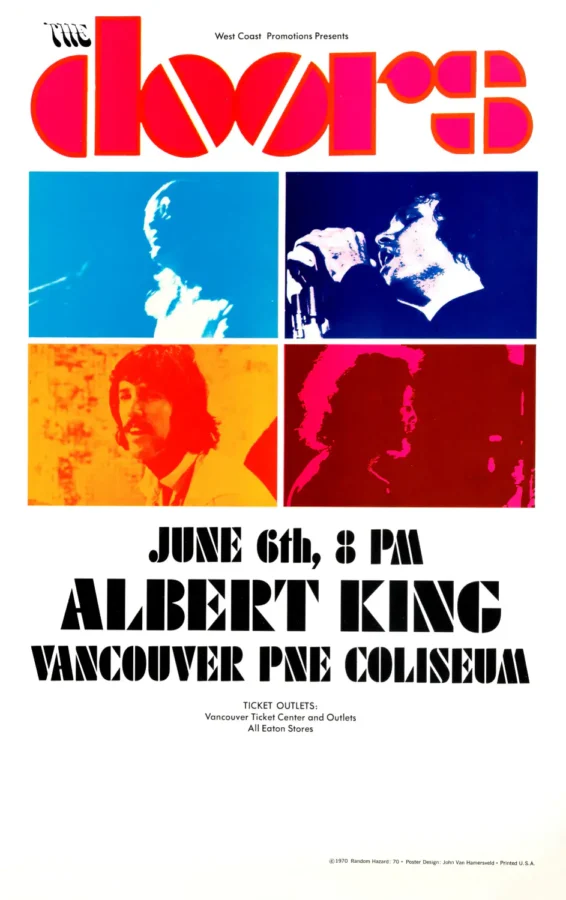 The Doors 1970 Vancouver, B.C. Concert Poster featuring white, blue, and red vertical artwork.