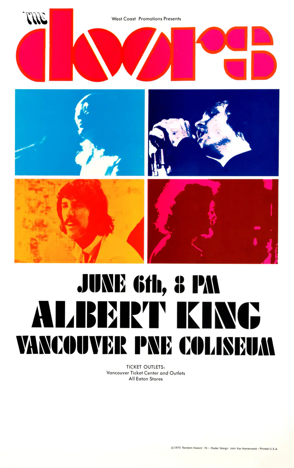 The Doors 1970 Vancouver, B.C. Concert Poster featuring white, blue, and red vertical artwork.
