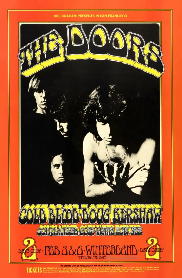 The Doors 1970 Winterland, San Francisco Concert Poster featuring black, orange, and white vertical artwork.
