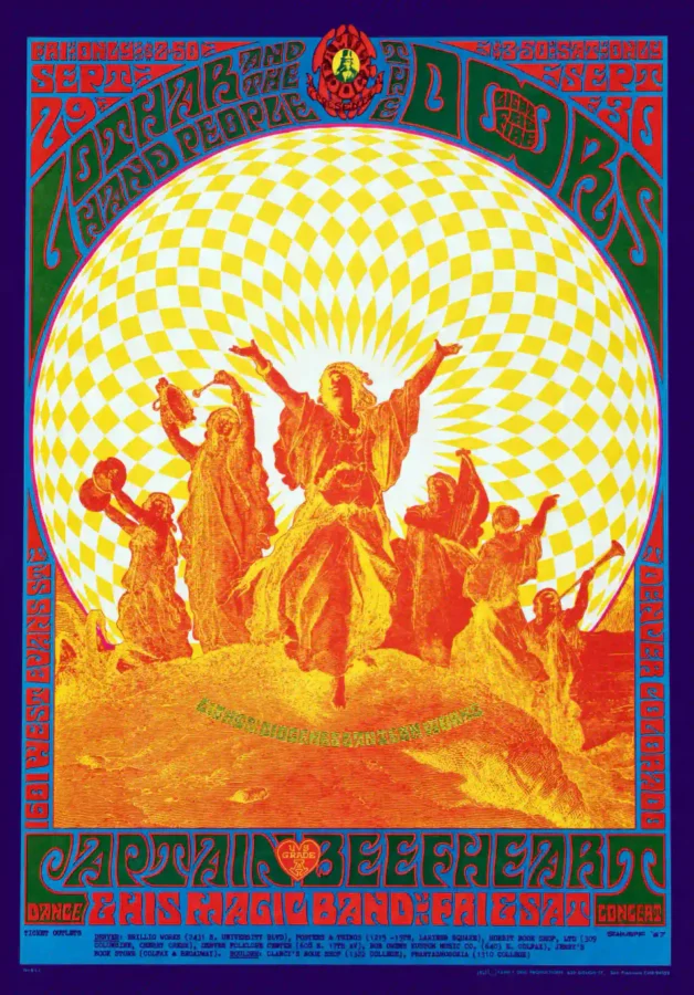 The Doors, Captain Beefheart 1967 Denver, CO Concert Poster featuring orange, white, and yellow vertical artwork.