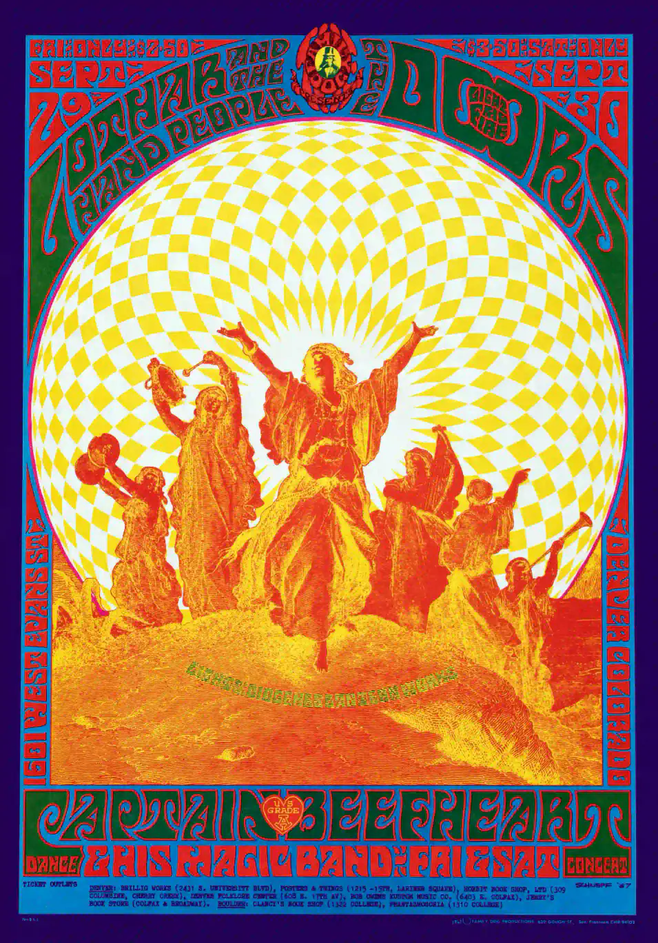 The Doors, Captain Beefheart 1967 Denver, CO Concert Poster featuring orange, white, and yellow vertical artwork.