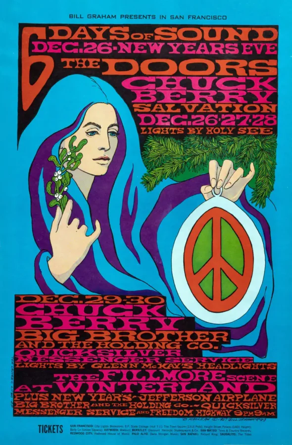 The Doors, Janis Joplin with Big Brother poster with blue, burgundy, and white artwork and period lettering.