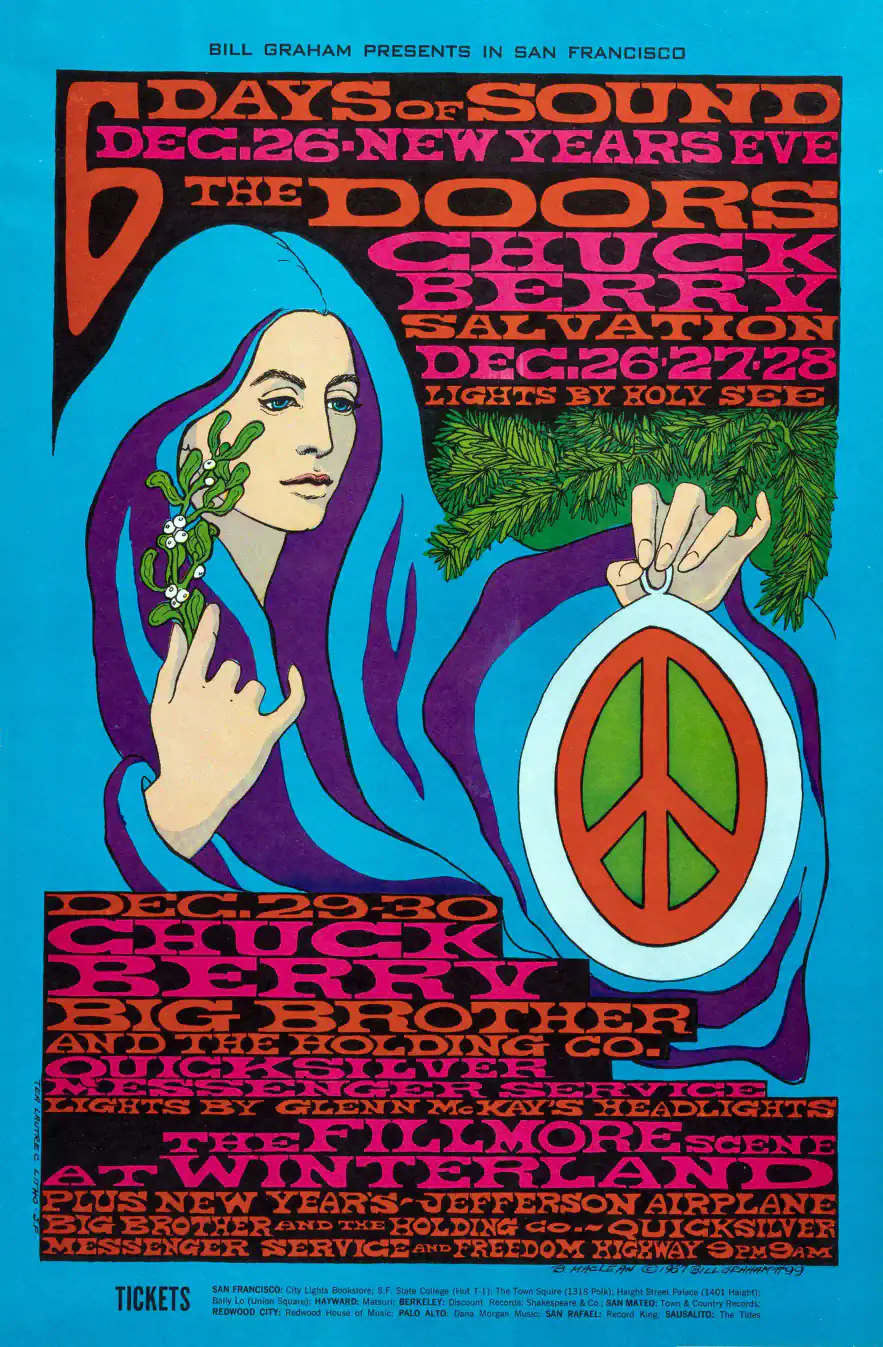 The Doors, Janis Joplin with Big Brother poster with blue, burgundy, and white artwork and period lettering.