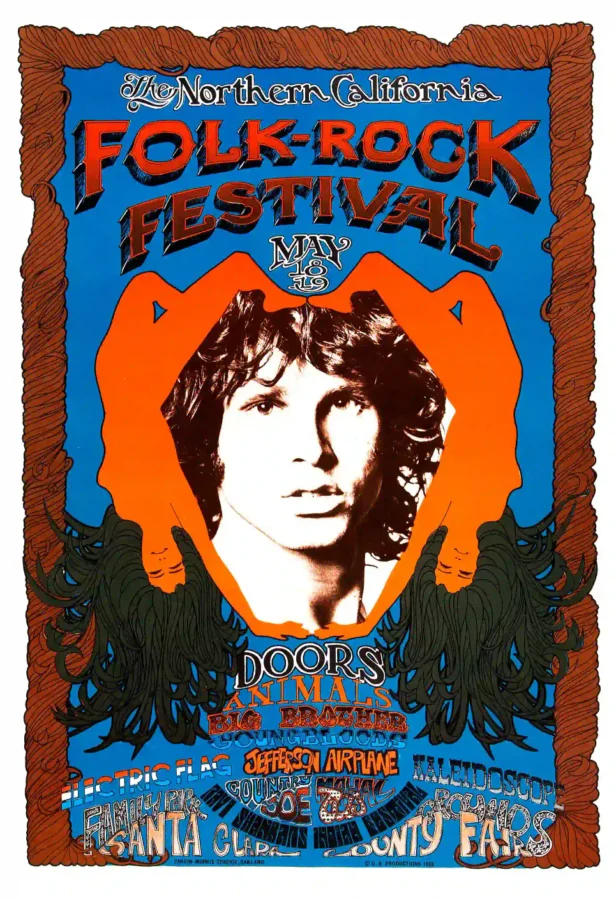 The Doors No. Cal. Folk-Rock Festival 1968 Concert Poster featuring white, black, and orange vertical artwork.