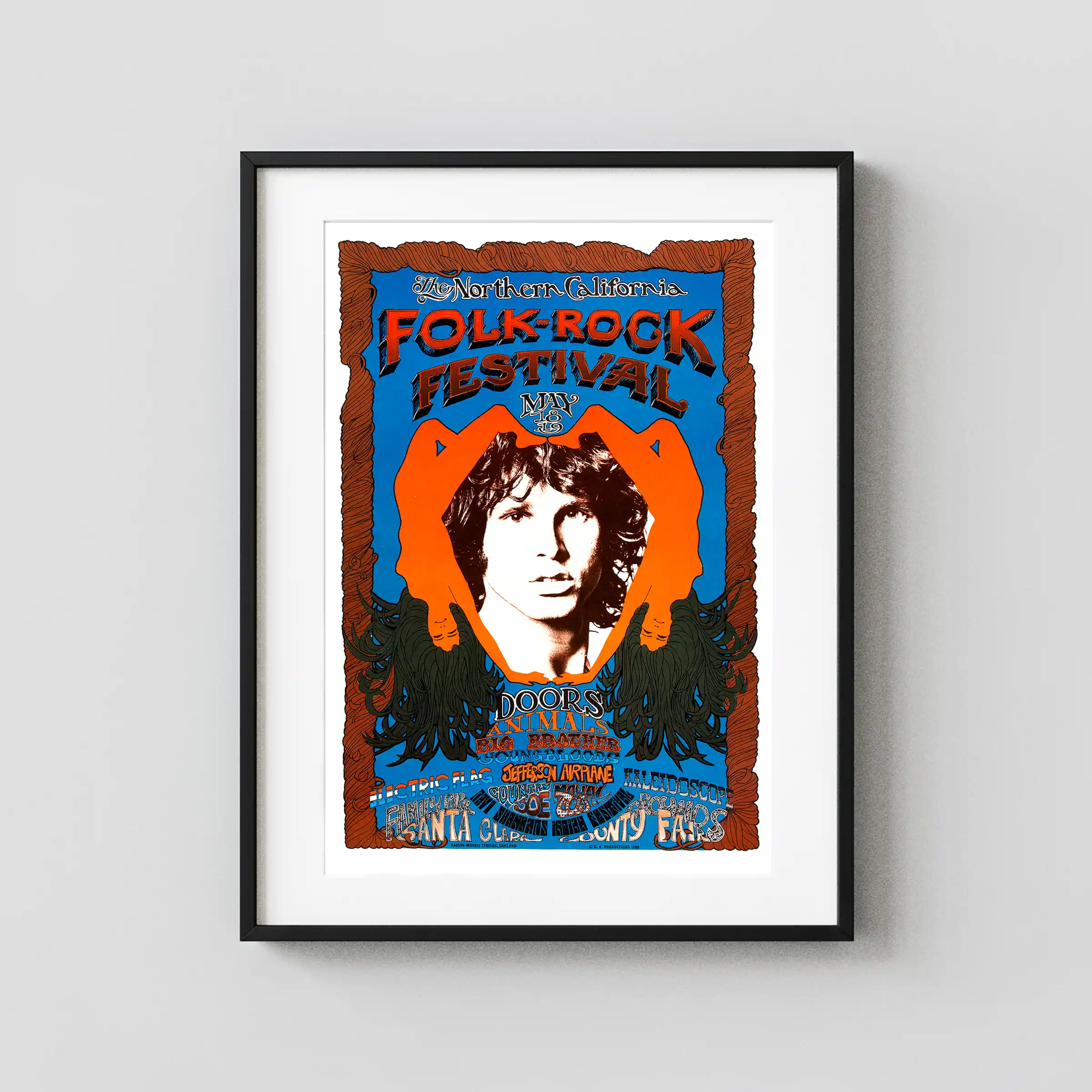 The Doors No. Cal. Folk-Rock Festival 1968 Concert Poster featuring white, black, and orange vertical artwork.
