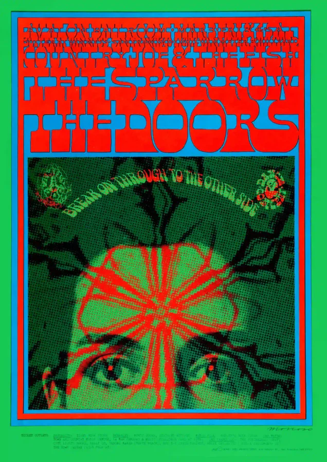 The Doors, Sparrow, Country Joe 1967 Avalon Poster featuring deep green, green, and white vertical artwork.