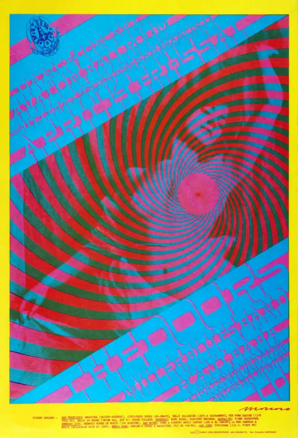 The Doors, Steve Miller 1967 Avalon Ballroom Concert Poster featuring blue, brown, and white vertical artwork.