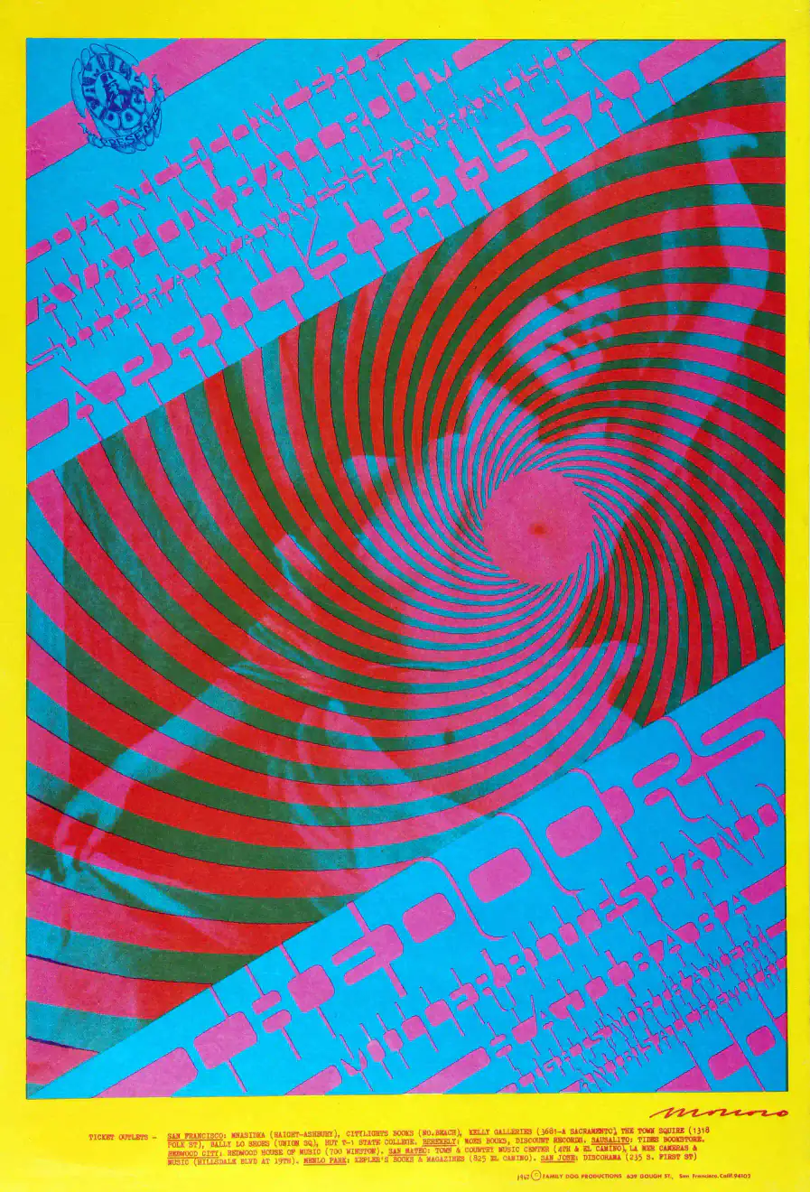 The Doors, Steve Miller 1967 Avalon Ballroom Concert Poster featuring blue, brown, and white vertical artwork.