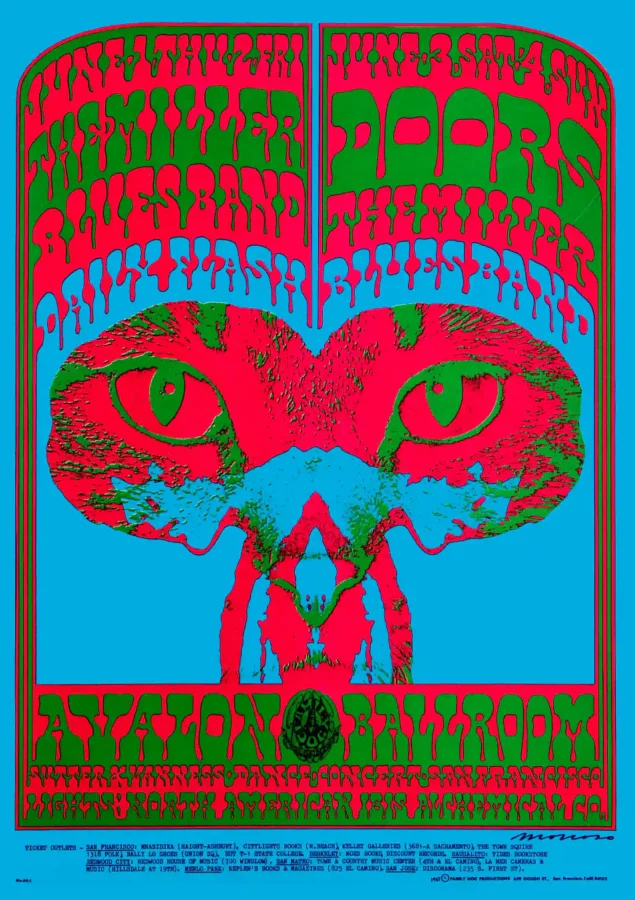 The Doors, Steve Miller 1967 Avalon Ballroom Concert Poster featuring blue, magenta, and deep green vertical artwork.