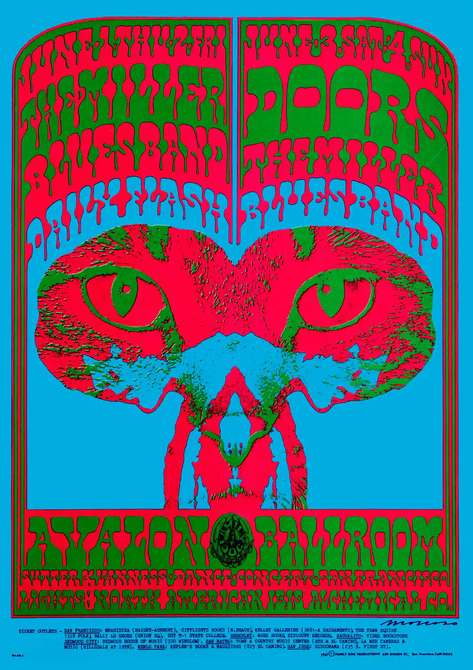 The Doors, Steve Miller 1967 Avalon Ballroom Concert Poster featuring blue, magenta, and deep green vertical artwork.