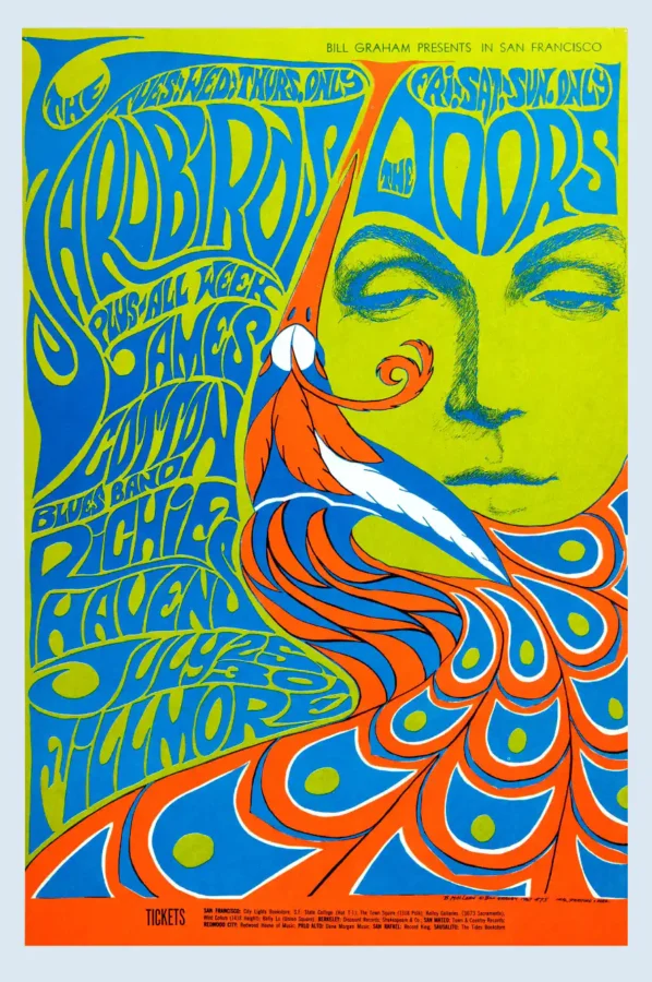 The Doors, Yardbirds 1967 Fillmore Auditorium Concert Poster featuring blue and green vertical artwork.