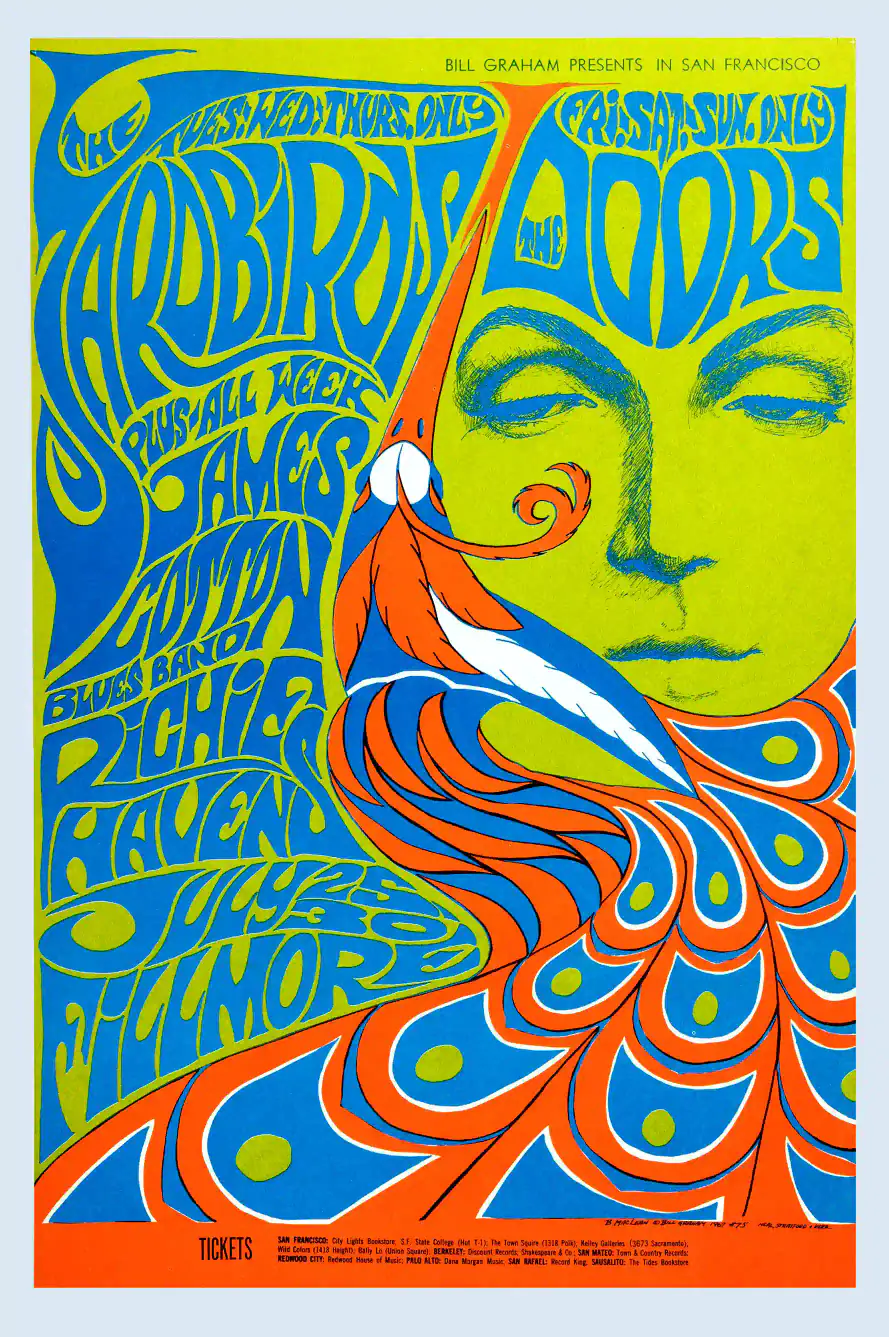 The Doors, Yardbirds 1967 Fillmore Auditorium Concert Poster featuring blue and green vertical artwork.
