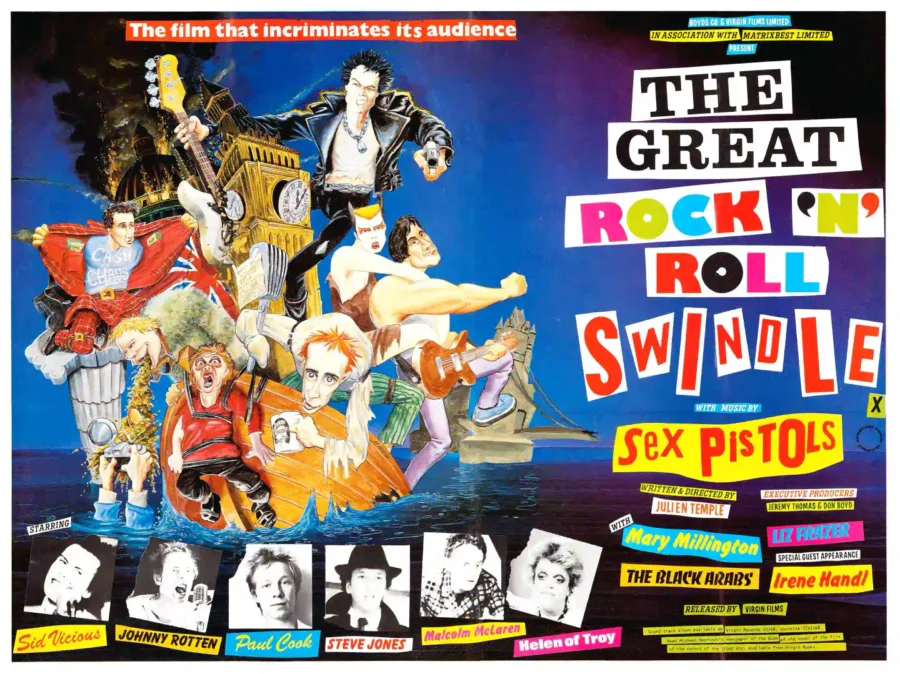 The Great Rock 'N' Roll Swindle (Virgin Films, 1980) Music Poster featuring white, gray, and black vertical artwork.