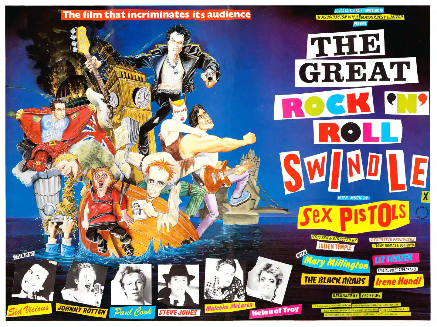 The Great Rock 'N' Roll Swindle (Virgin Films, 1980) Music Poster featuring white, gray, and black vertical artwork.