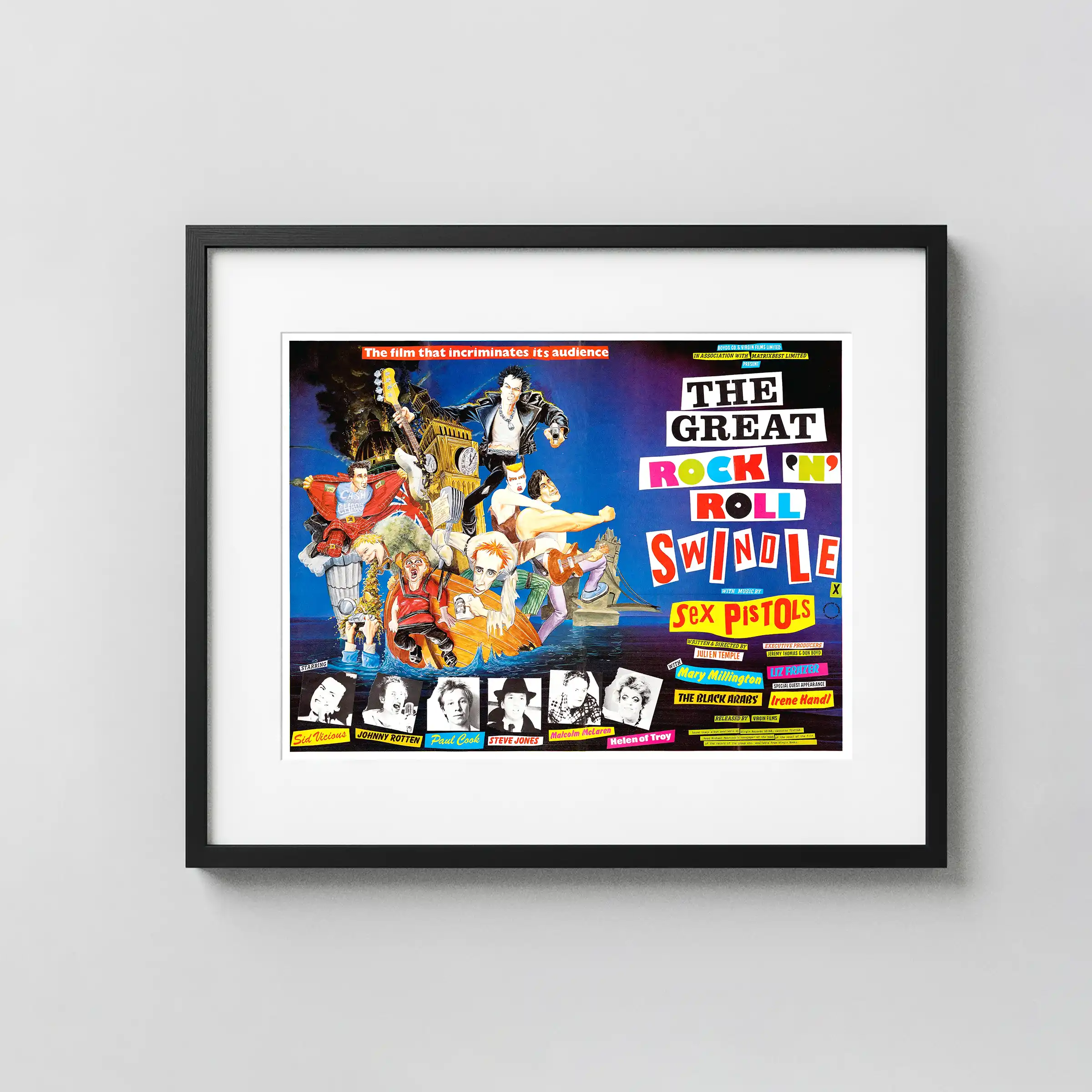 The Great Rock 'N' Roll Swindle (Virgin Films, 1980) Music Poster featuring white, gray, and black vertical artwork.