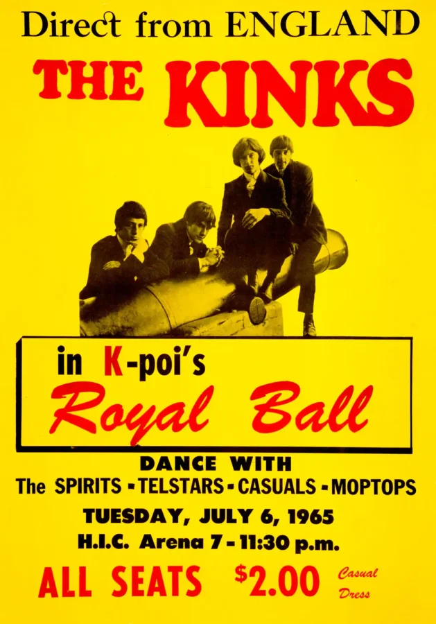 The Kinks 1965 Honolulu, Hawaii British-Invasion Concert Poster featuring yellow and white vertical artwork.