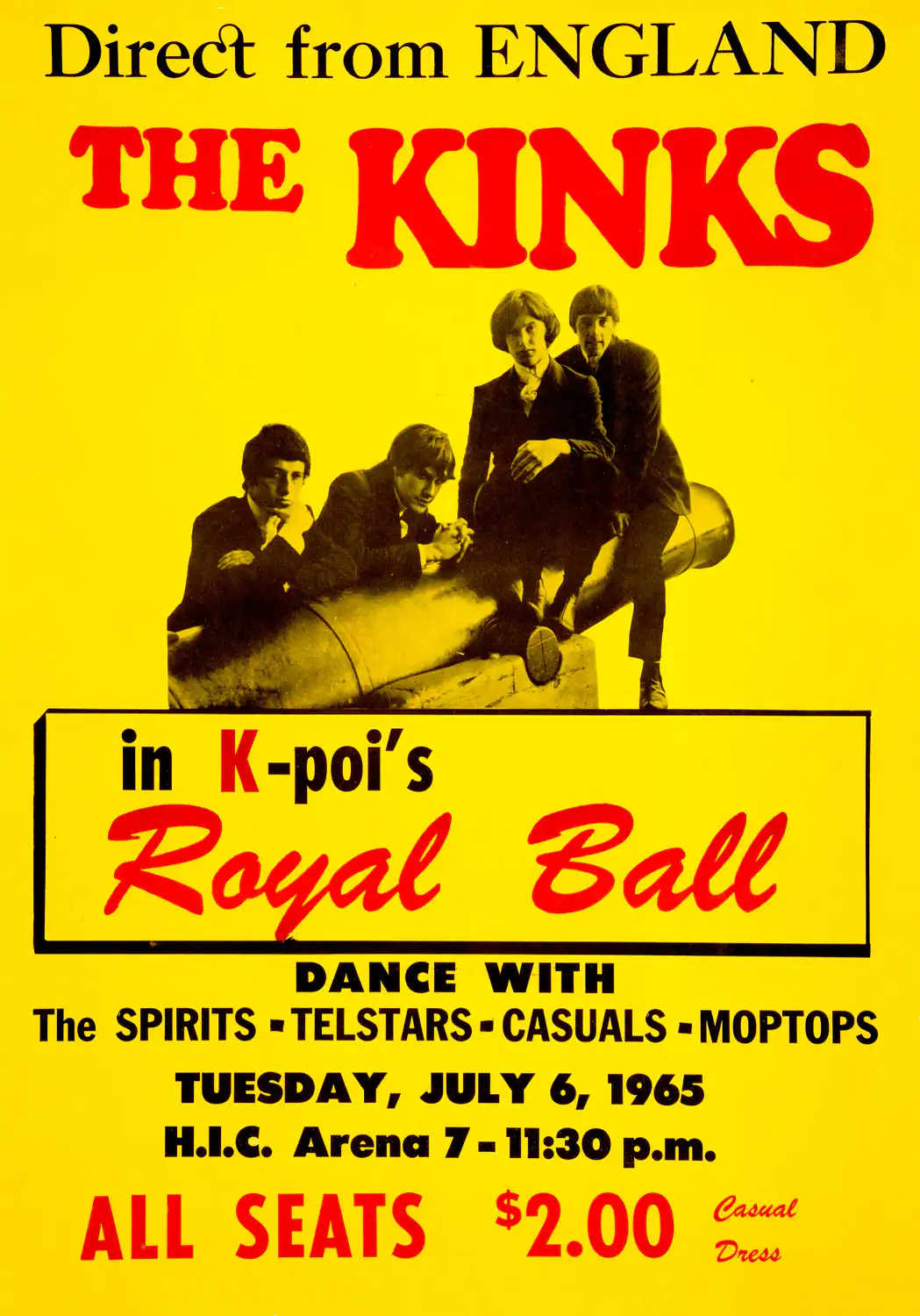 The Kinks 1965 Honolulu, Hawaii British-Invasion Concert Poster featuring yellow and white vertical artwork.