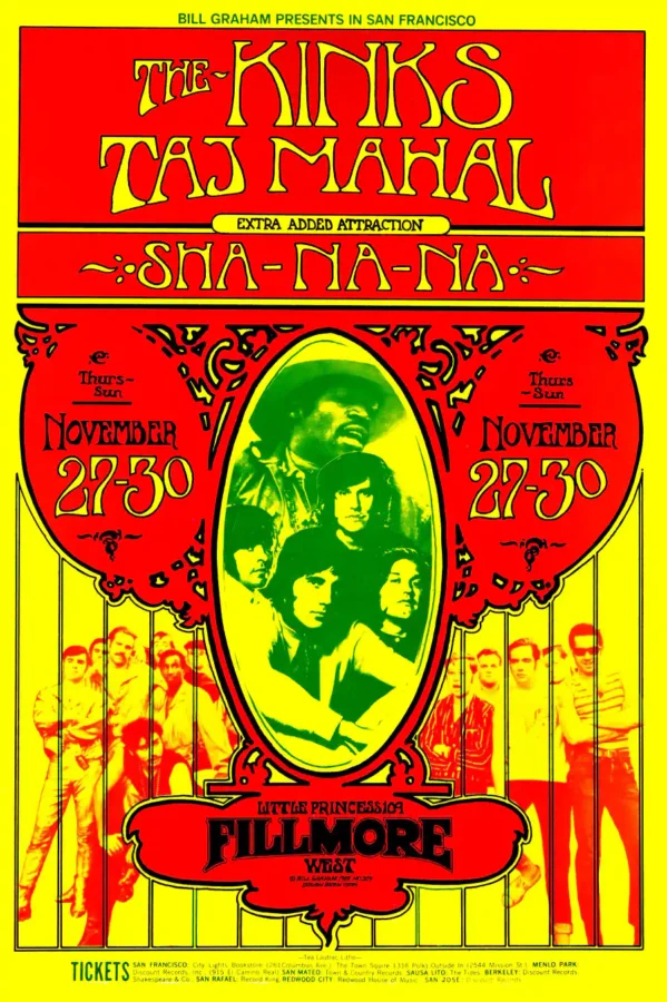 The Kinks 1969 Fillmore West Concert Poster featuring red, yellow, and orange vertical artwork.