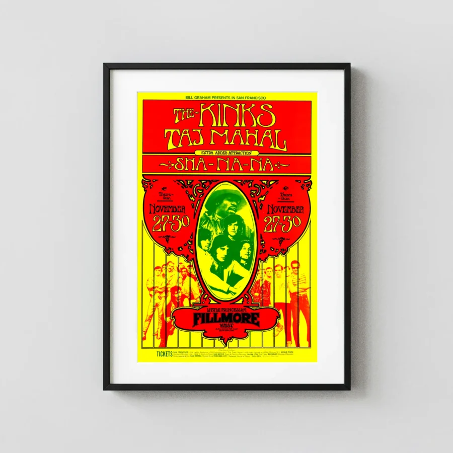 The Kinks 1969 Fillmore West Concert Poster featuring red, yellow, and orange vertical artwork.
