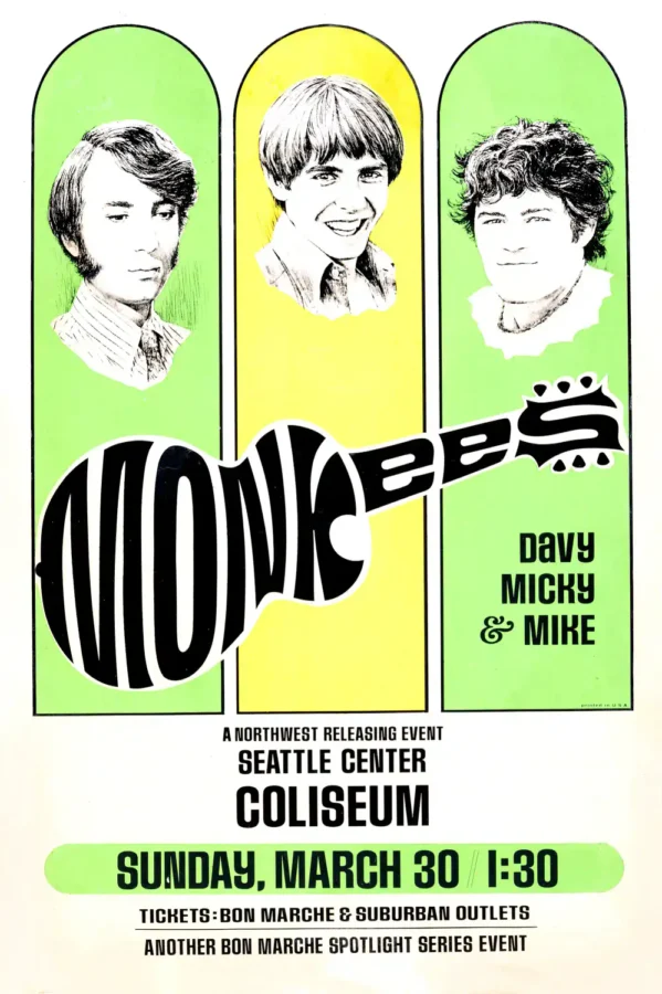The Monkees (Davy, Mickey & Mike) 1969 Seattle, WA Concert Poster featuring white, green, and light gray vertical artwork.