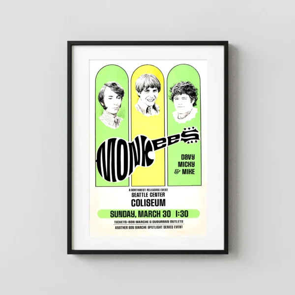 The Monkees (Davy, Mickey & Mike) 1969 Seattle, WA Concert Poster