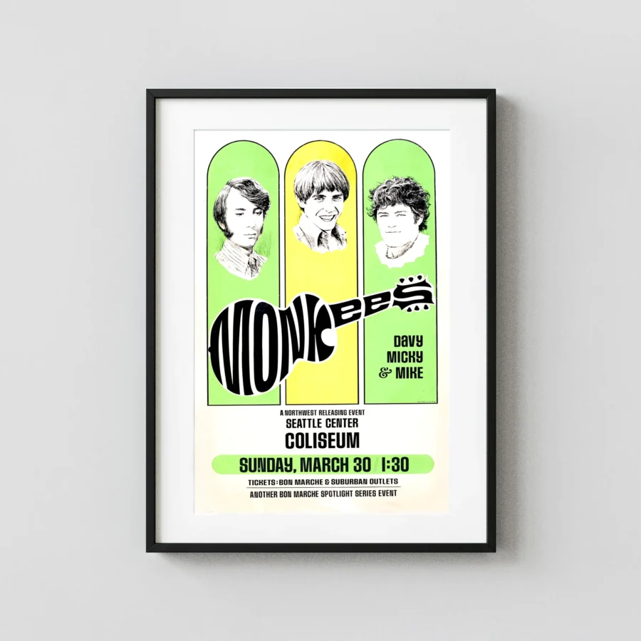 The Monkees (Davy, Mickey & Mike) 1969 Seattle, WA Concert Poster featuring white, green, and light gray vertical artwork.