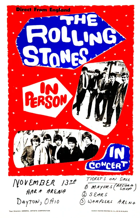 The Rolling Stones 1964 Second-Tour U.S. Concert Poster, Dayton, OH featuring white, red, and blue vertical artwork.