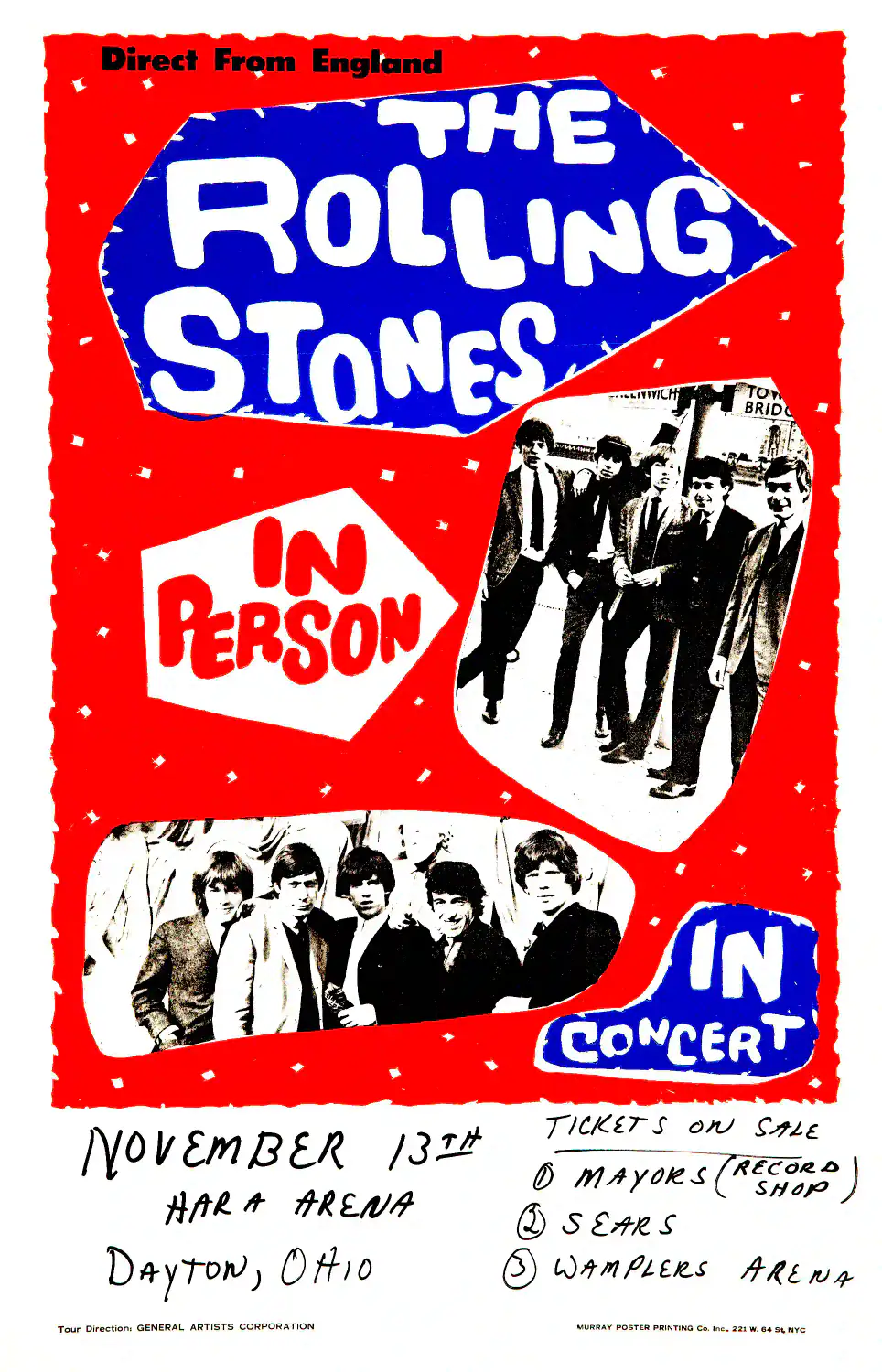 The Rolling Stones 1964 Second-Tour U.S. Concert Poster, Dayton, OH featuring white, red, and blue vertical artwork.