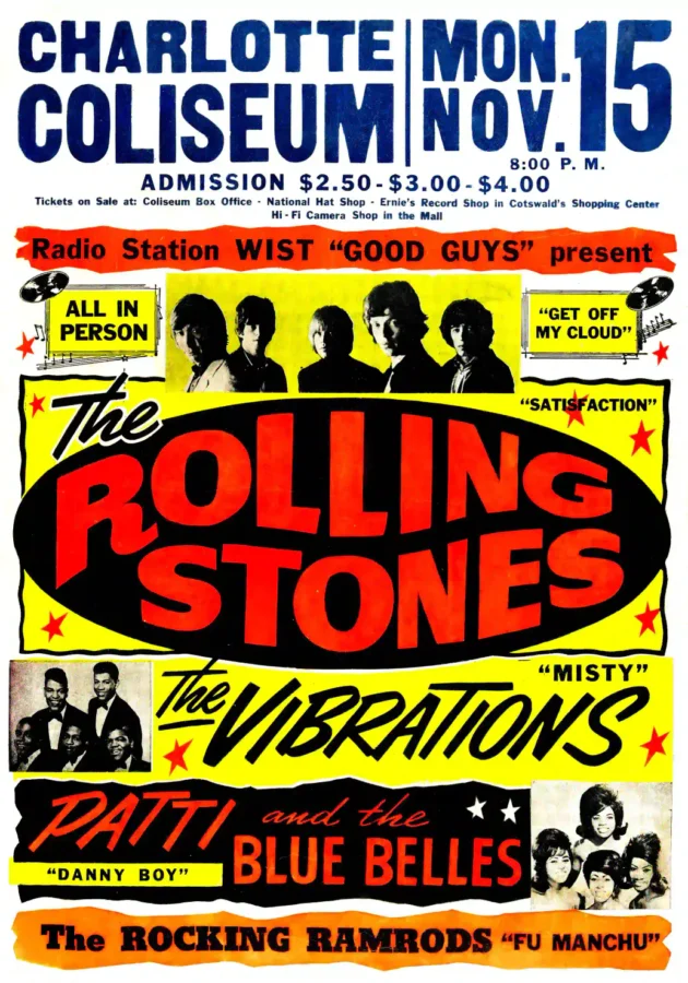 The Rolling Stones 1965 Charlotte, NC Globe Day-Glo Concert Poster featuring white, black, and red vertical artwork.