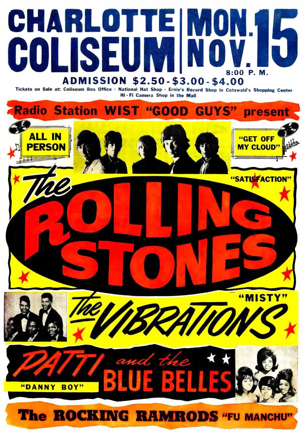 The Rolling Stones 1965 Charlotte, NC Globe Day-Glo Concert Poster featuring white, black, and red vertical artwork.