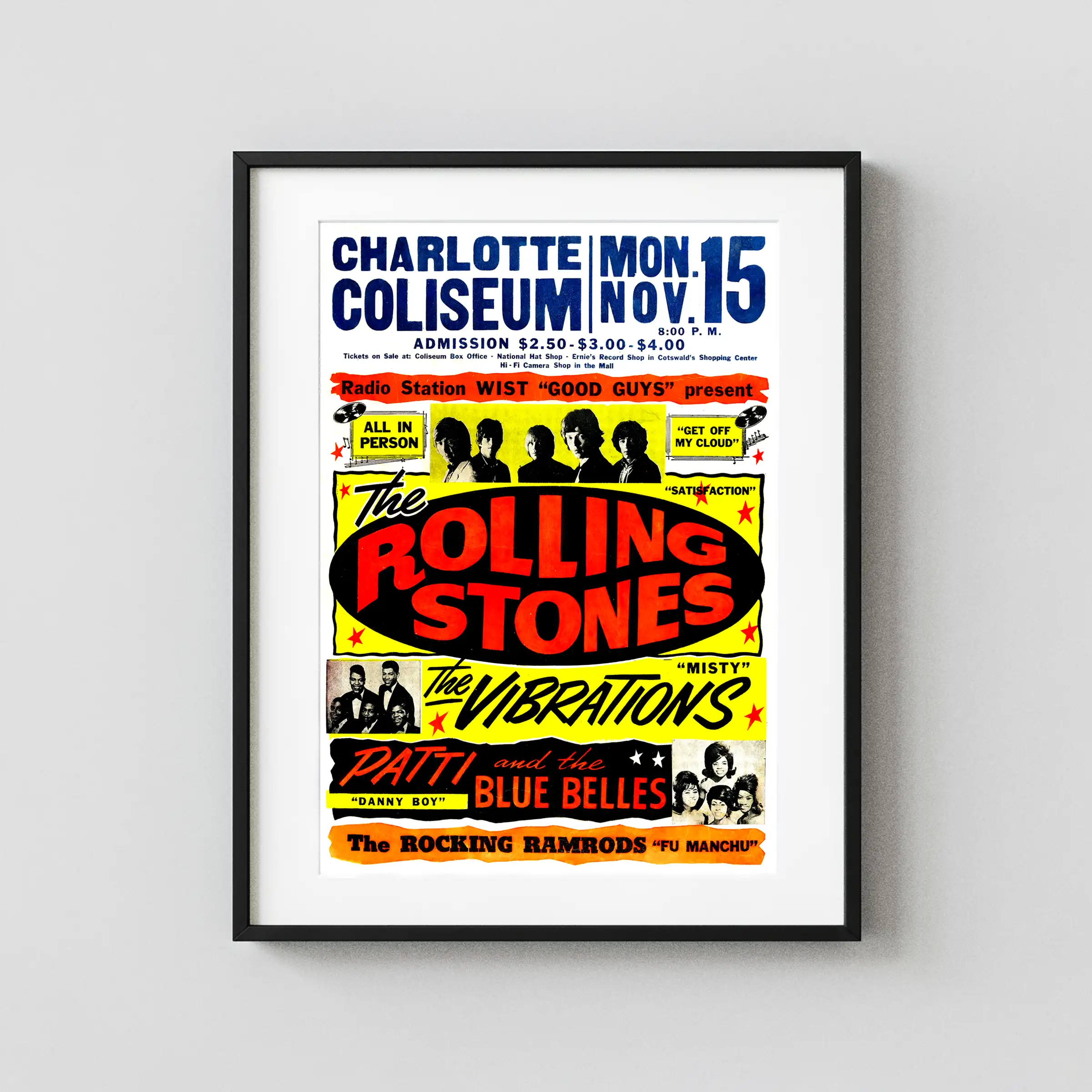 The Rolling Stones 1965 Charlotte, NC Globe Day-Glo Concert Poster featuring white, black, and red vertical artwork.
