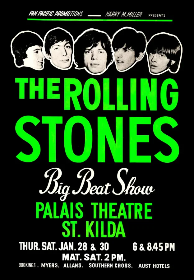 The Rolling Stones 1965 Melbourne, Australia Day-Glo Concert Poster featuring black, charcoal, and white vertical artwork.