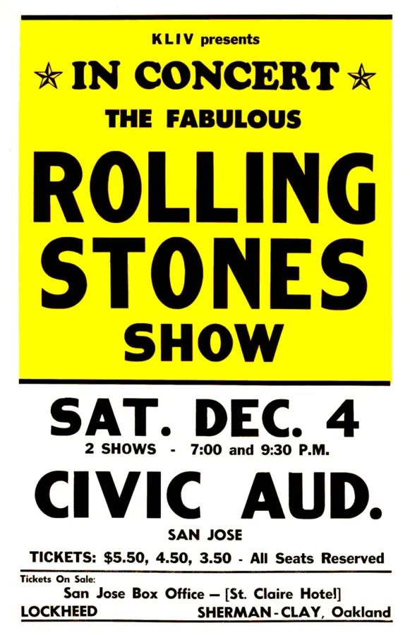 The Rolling Stones 1965 San Jose Music Poster featuring white, yellow, and black vertical artwork.