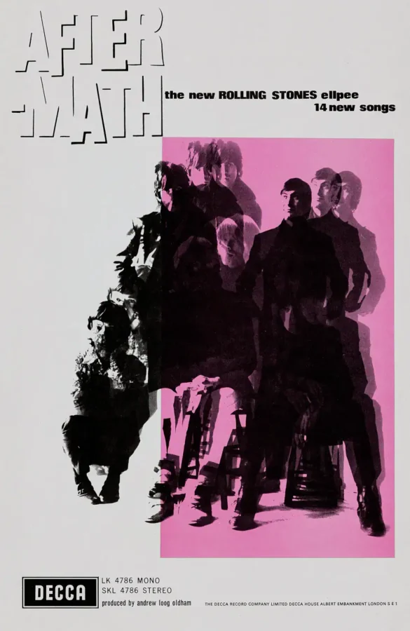The Rolling Stones 1966 Aftermath UK Promo Poster featuring light gray, black, and pink vertical artwork.