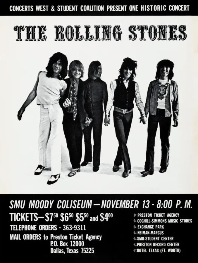 The Rolling Stones 1969 Dallas, TX Concert Poster featuring black, white, and charcoal vertical artwork.