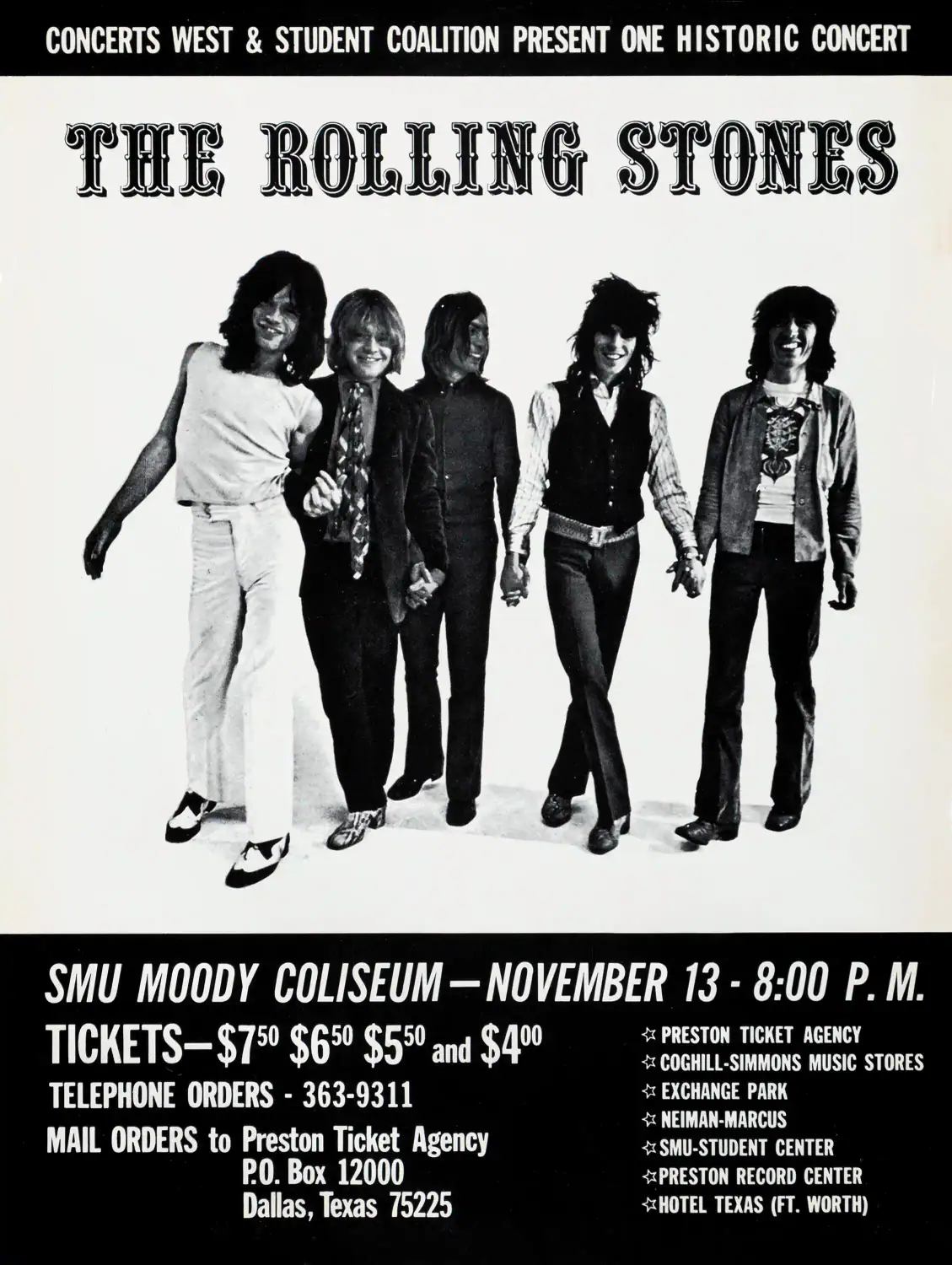 The Rolling Stones 1969 Dallas, TX Concert Poster featuring black, white, and charcoal vertical artwork.