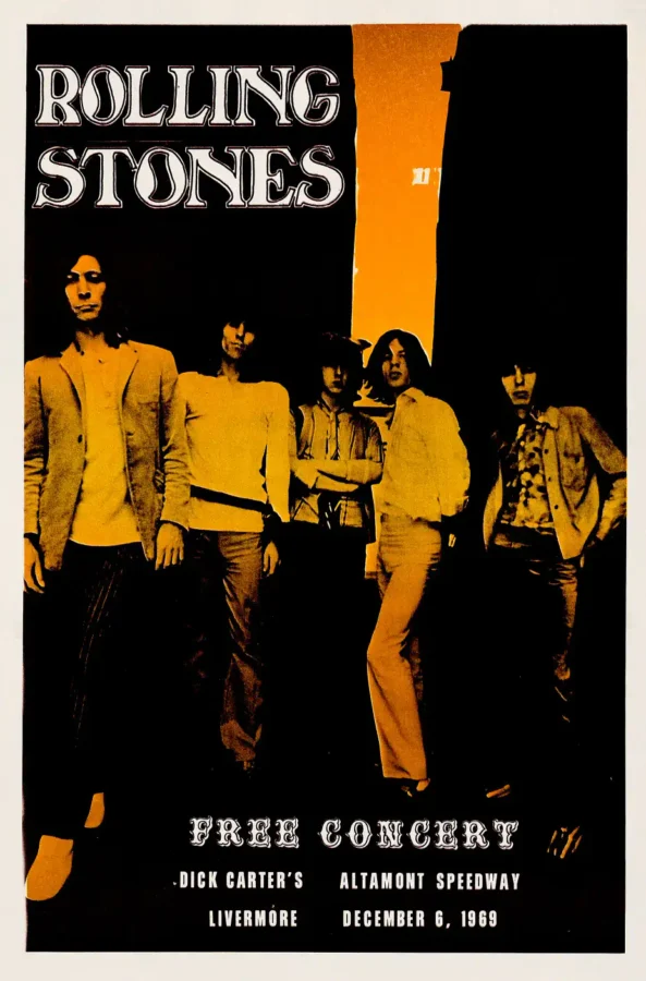 The Rolling Stones poster with black, white, and charcoal artwork and period lettering.