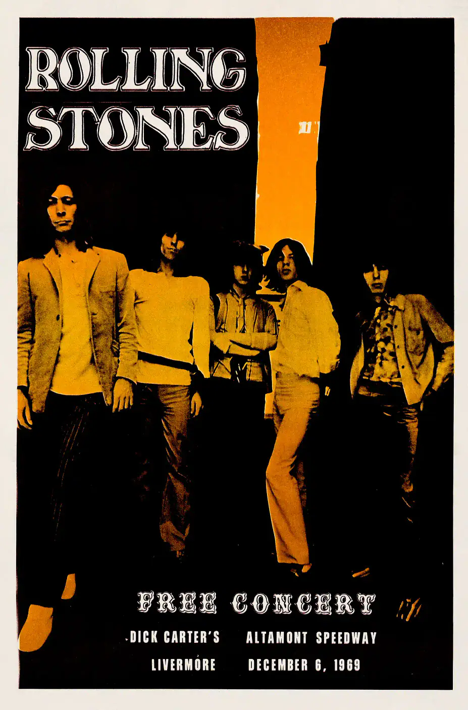 The Rolling Stones poster with black, white, and charcoal artwork and period lettering.